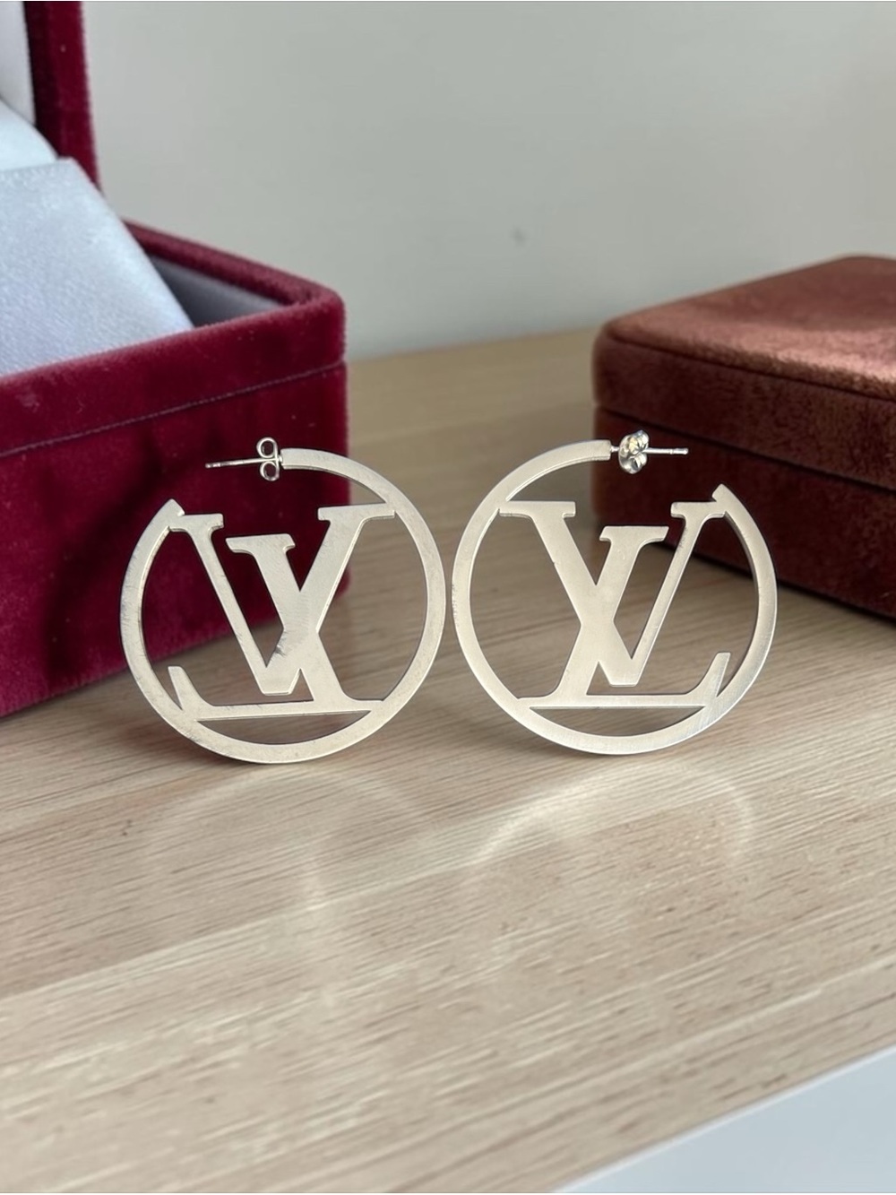 Silver Round Logo Cutout Hoop Earrings